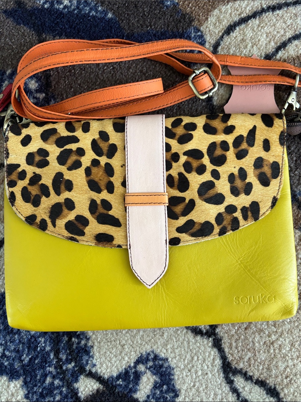 Soruka Yellow Leather Crossbody with Leopard Flap